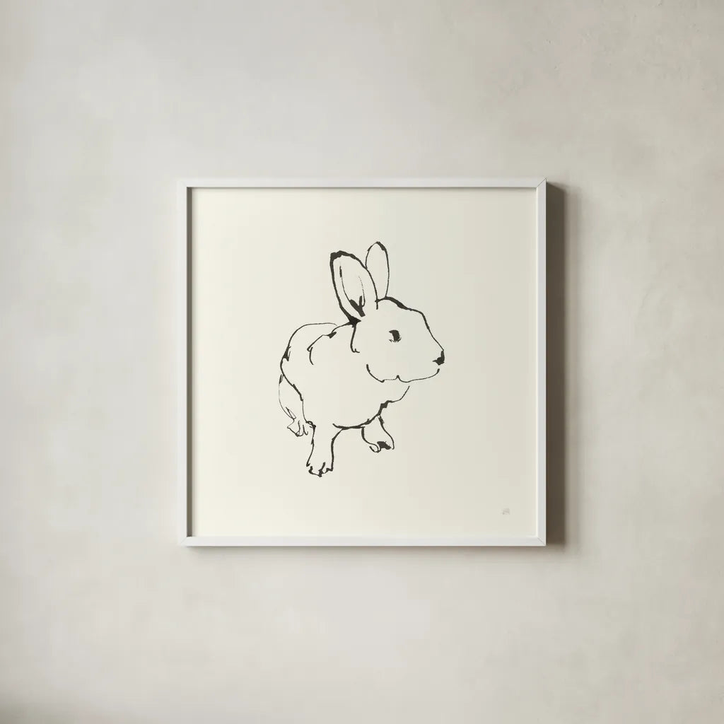 Line Bunny II by Chris Paschke. Shown in a crisp white glass frame for a clean and minimalist style. Available as an archival giclee rolled canvas, fine art paper, or poster print. SKU 58333a.