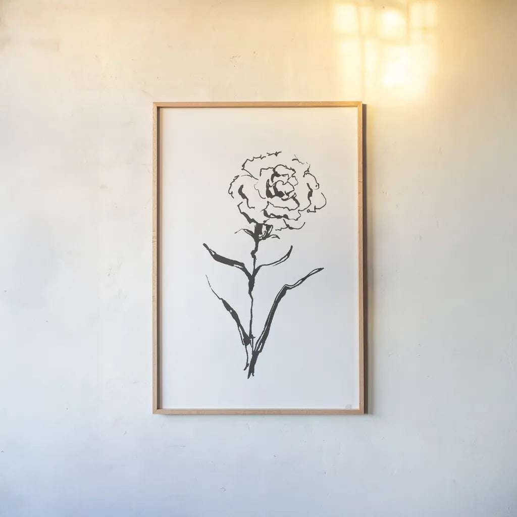 Line Carnation I by Chris Paschke. shown as a paper print in a natural frame. Available as a archival giclee rolled canvas, fine art paper, or poster print. SKU 64186h.