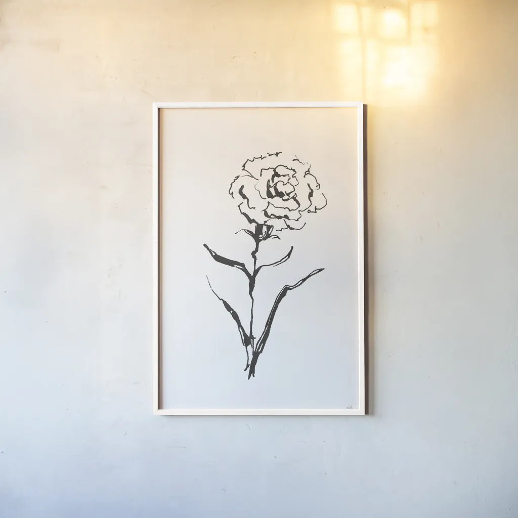 Line Carnation I by Chris Paschke. shown as a paper print in a white frame. Available as a archival giclee rolled canvas, fine art paper, or poster print. SKU 64186h.