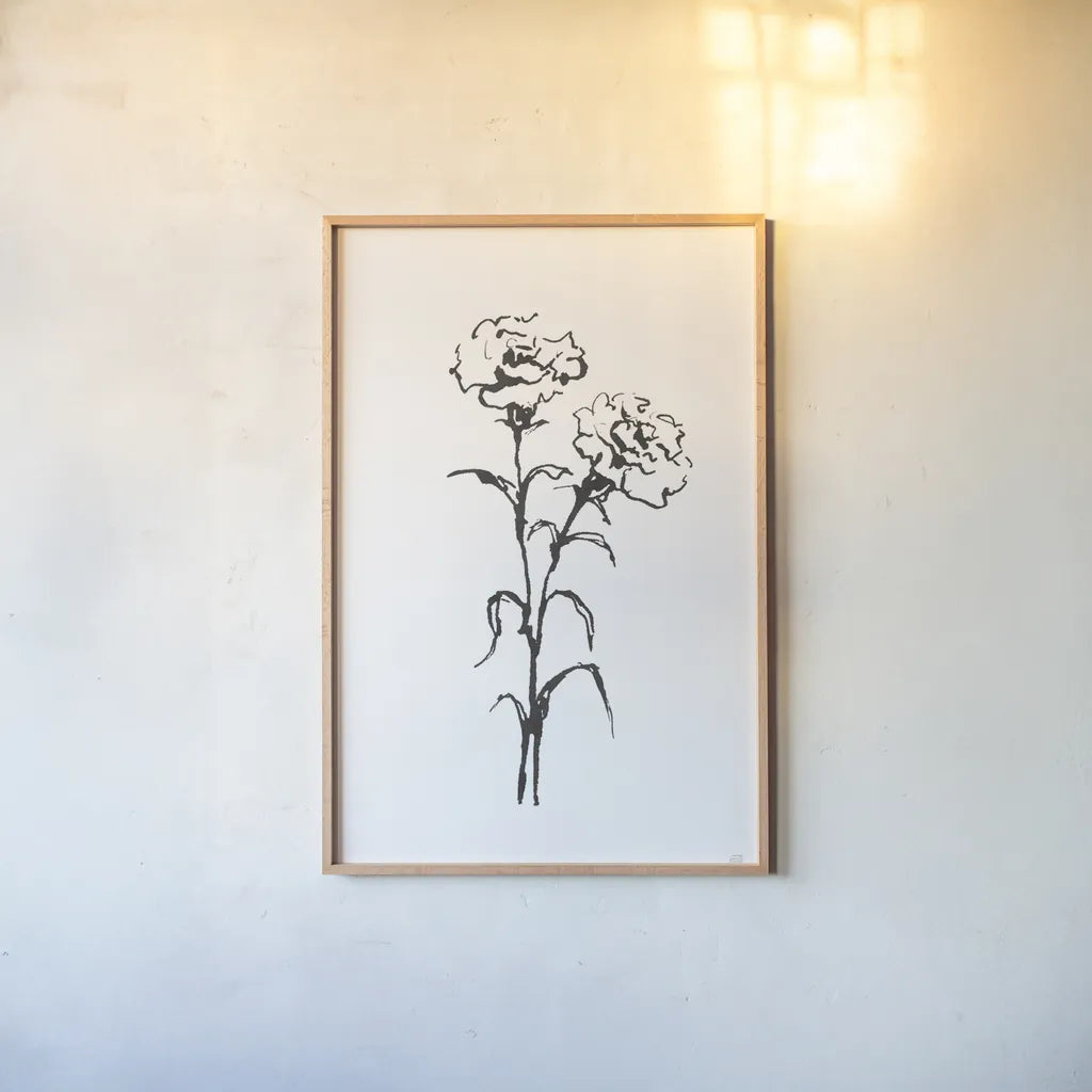 Line Carnation II by Chris Paschke. shown as a paper print in a natural frame. Available as a archival giclee rolled canvas, fine art paper, or poster print. SKU 64187h.