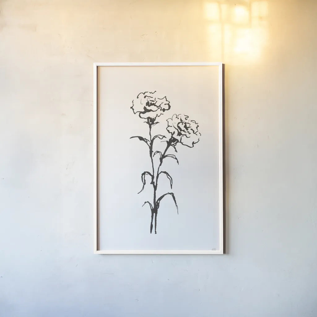 Line Carnation II by Chris Paschke. shown as a paper print in a white frame. Available as a archival giclee rolled canvas, fine art paper, or poster print. SKU 64187h.