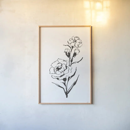 Line Carnation III by Chris Paschke. shown as a paper print in a natural frame. Available as a archival giclee rolled canvas, fine art paper, or poster print. SKU 64188h.