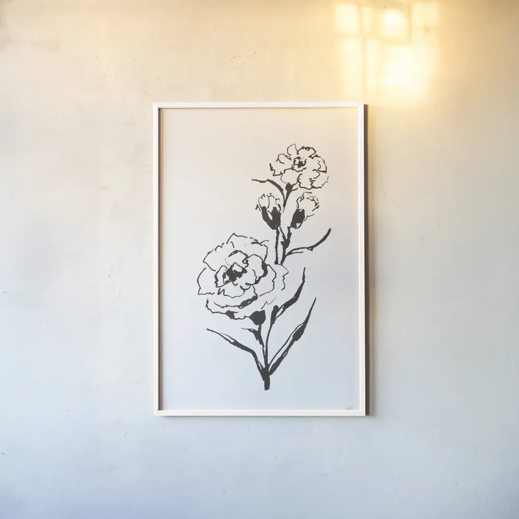Line Carnation III by Chris Paschke. shown as a paper print in a white frame. Available as a archival giclee rolled canvas, fine art paper, or poster print. SKU 64188h.