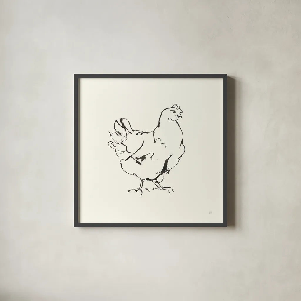 Line Chicken I by Chris Paschke. Shown in a sleek black glass frame for a contemporary gallery look. Available as an archival giclee rolled canvas, fine art paper, or poster print. SKU 58321a.