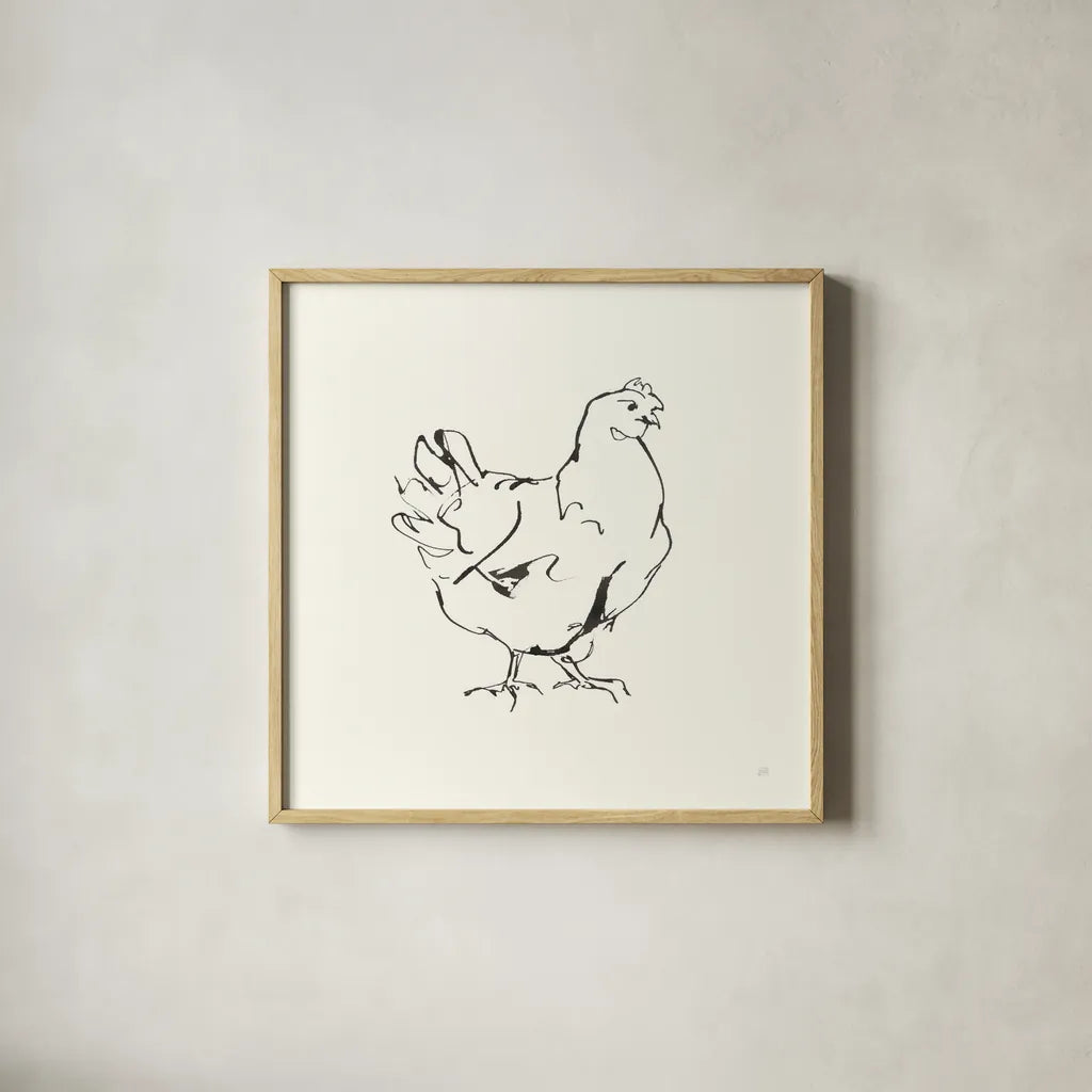 Line Chicken I by Chris Paschke. Shown in a natural wood glass frame for a timeless modern aesthetic. Available as an archival giclee rolled canvas, fine art paper, or poster print. SKU 58321a.
