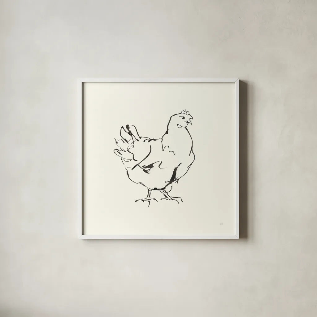 Line Chicken I by Chris Paschke. Shown in a crisp white glass frame for a clean and minimalist style. Available as an archival giclee rolled canvas, fine art paper, or poster print. SKU 58321a.