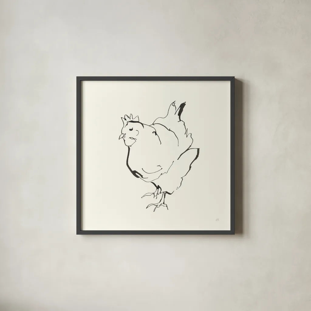 Line Chicken II by Chris Paschke. Shown in a sleek black glass frame for a contemporary gallery look. Available as an archival giclee rolled canvas, fine art paper, or poster print. SKU 58322a.