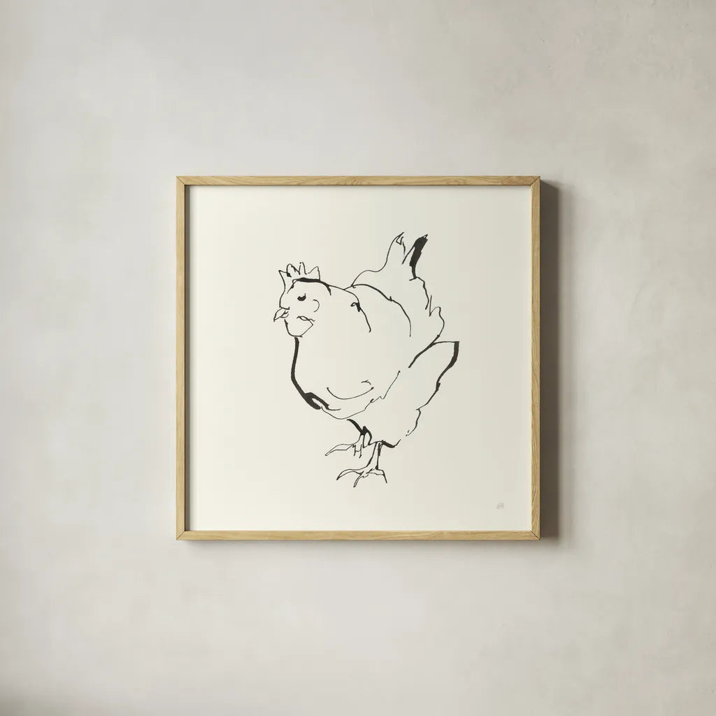 Line Chicken II by Chris Paschke. Shown in a natural wood glass frame for a timeless modern aesthetic. Available as an archival giclee rolled canvas, fine art paper, or poster print. SKU 58322a.