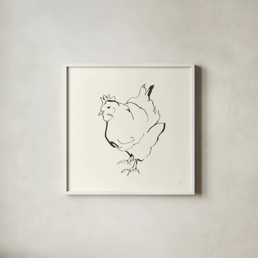 Line Chicken II by Chris Paschke. Shown in a crisp white glass frame for a clean and minimalist style. Available as an archival giclee rolled canvas, fine art paper, or poster print. SKU 58322a.
