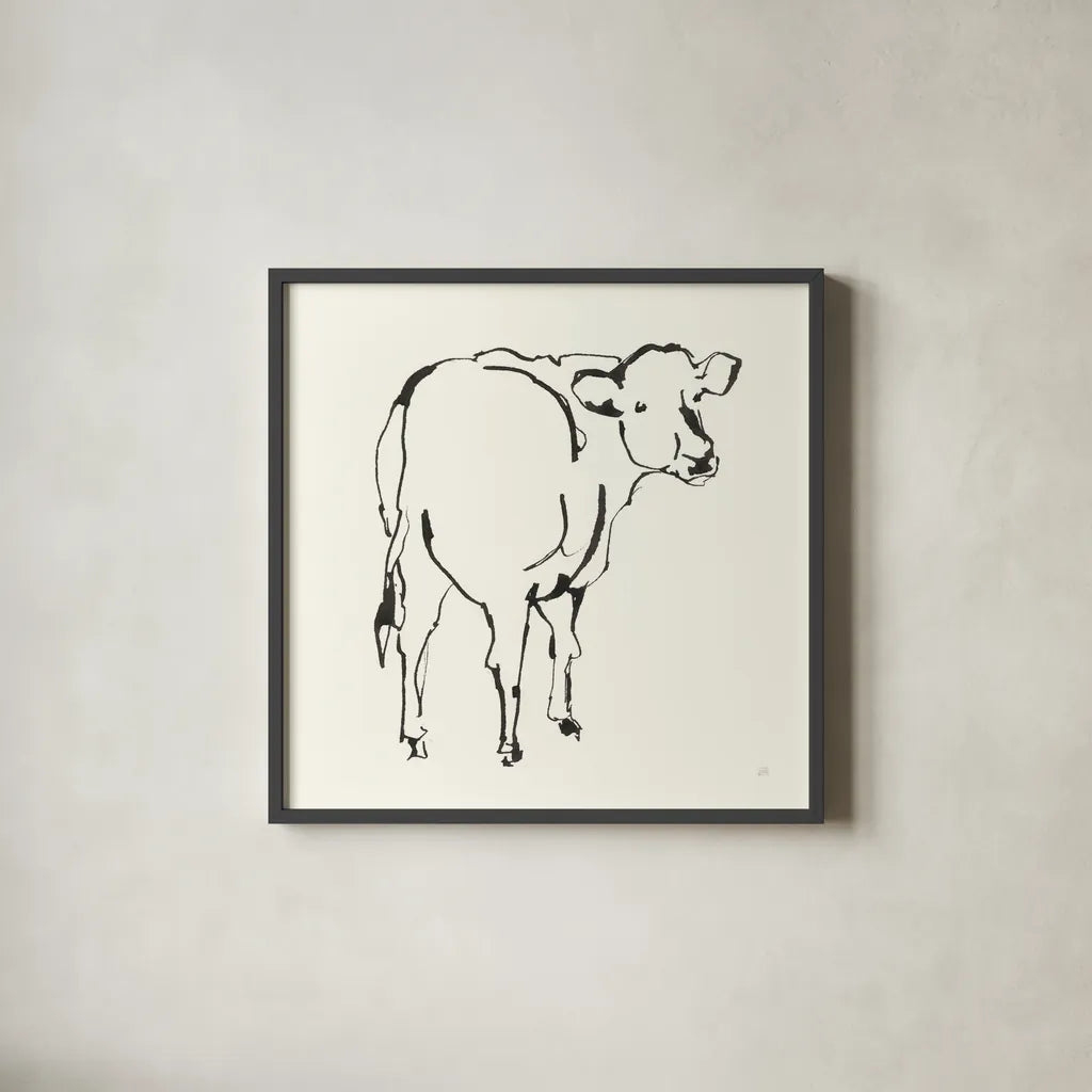 Line Cow by Chris Paschke. Shown in a sleek black glass frame for a contemporary gallery look. Available as an archival giclee rolled canvas, fine art paper, or poster print. SKU 58325a.