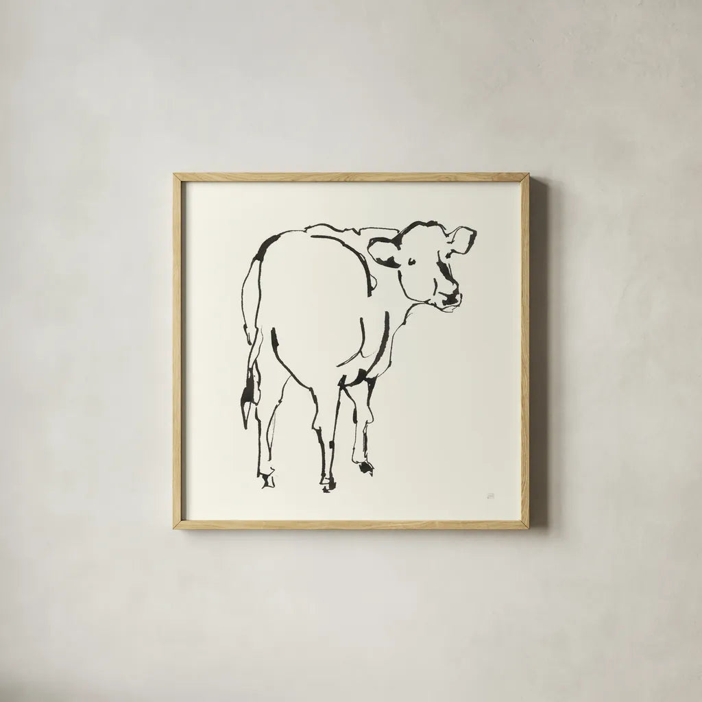 Line Cow by Chris Paschke. Shown in a natural wood glass frame for a timeless modern aesthetic. Available as an archival giclee rolled canvas, fine art paper, or poster print. SKU 58325a.