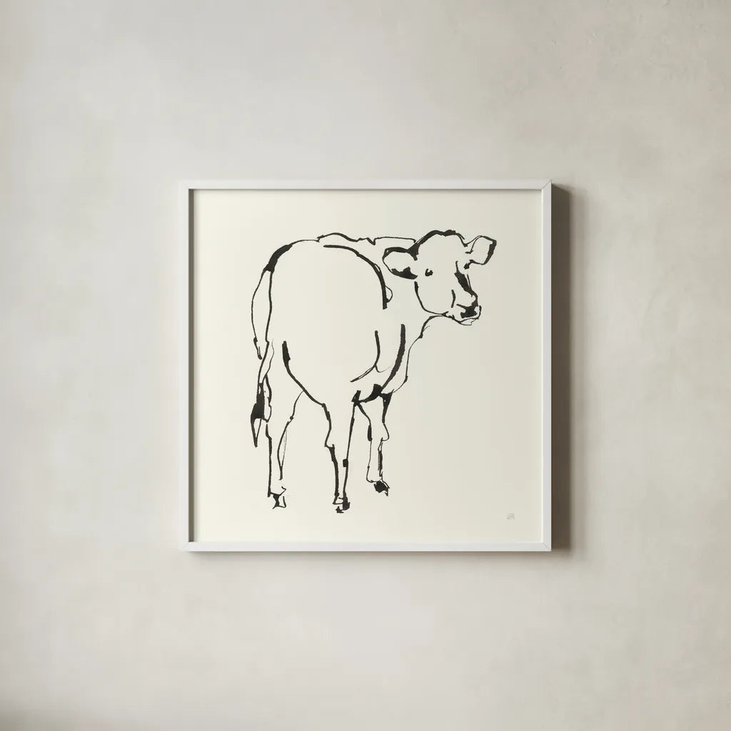 Line Cow by Chris Paschke. Shown in a crisp white glass frame for a clean and minimalist style. Available as an archival giclee rolled canvas, fine art paper, or poster print. SKU 58325a.