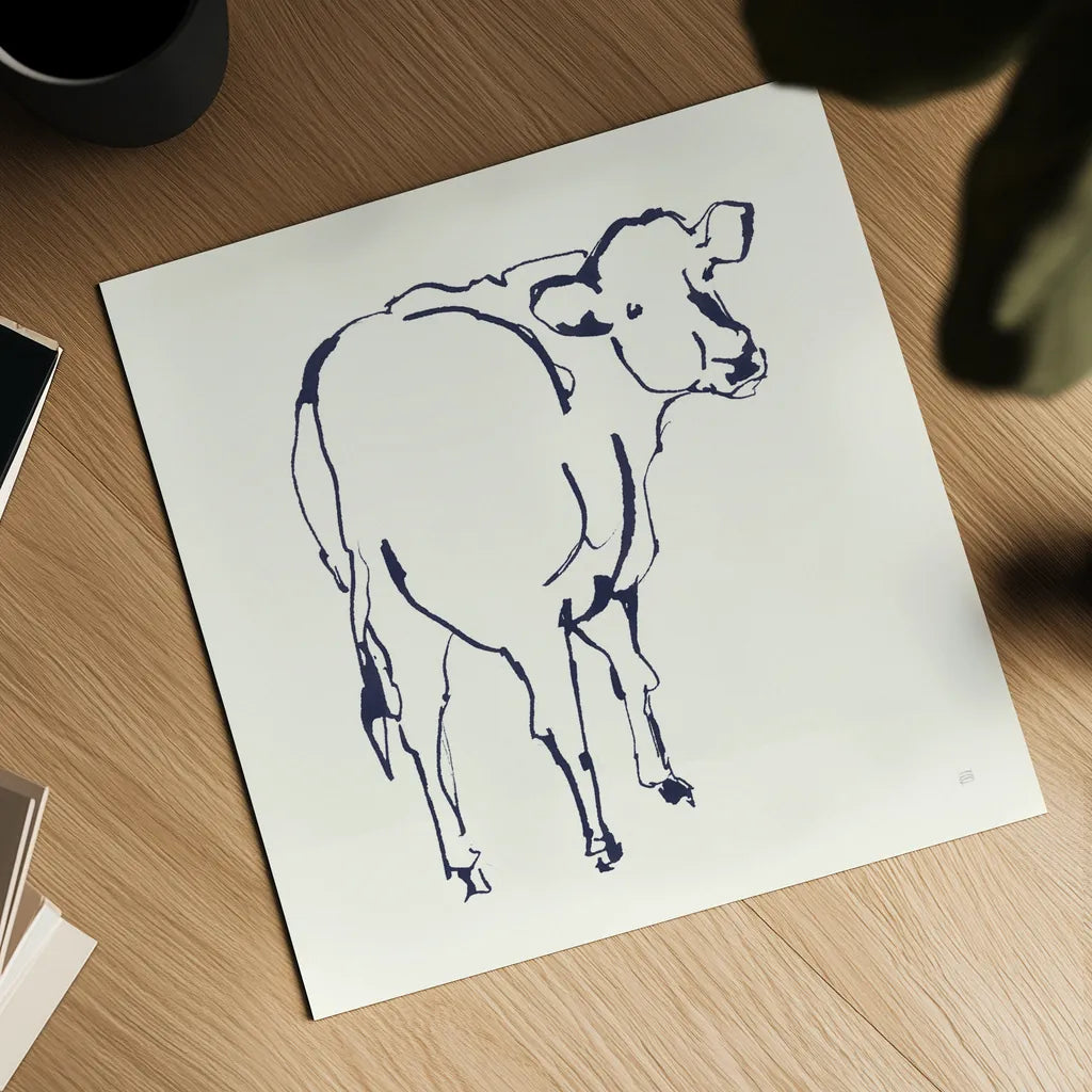 Line Cow Navy by Chris Paschke. Shown as a detailed flat fine art print, highlighting archival giclee quality. Available as an archival giclee rolled canvas, fine art paper, or poster print. SKU 62294a.