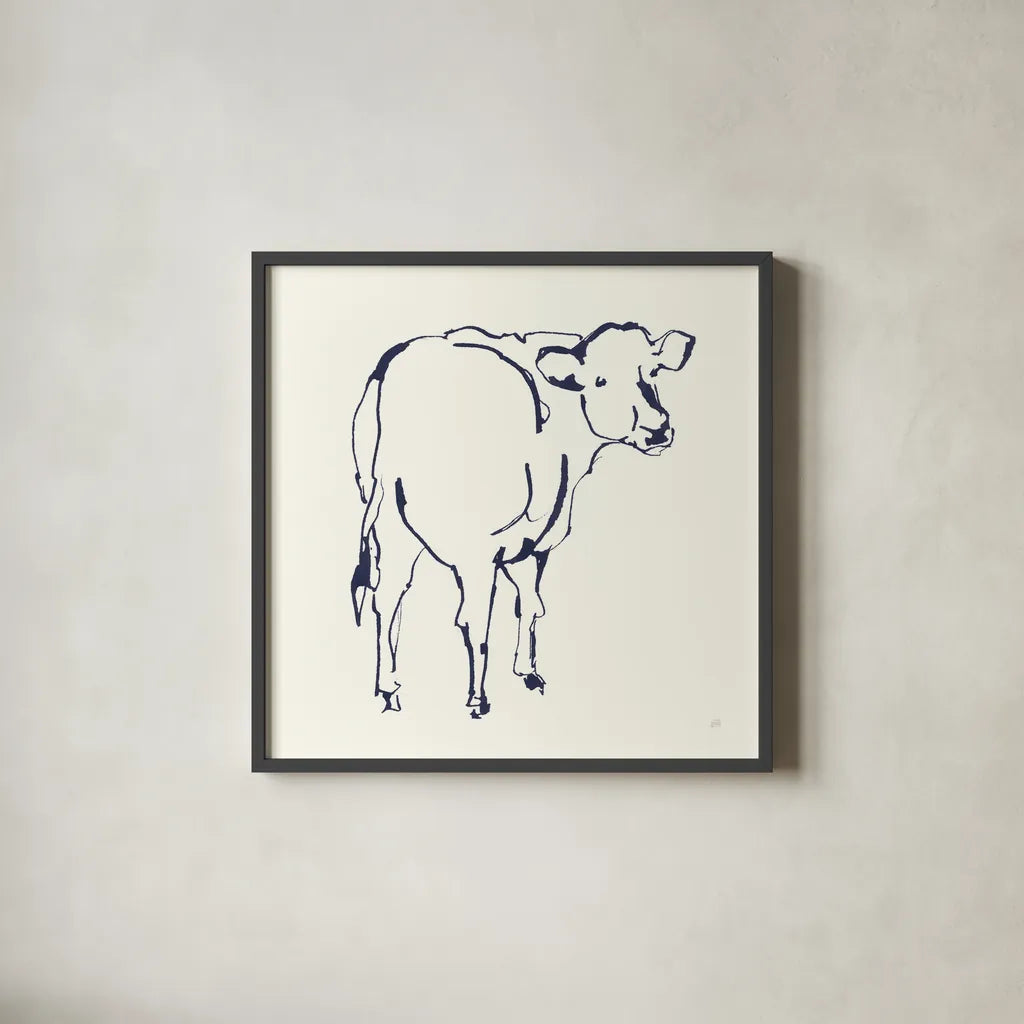 Line Cow Navy by Chris Paschke. Shown in a sleek black glass frame for a contemporary gallery look. Available as an archival giclee rolled canvas, fine art paper, or poster print. SKU 62294a.