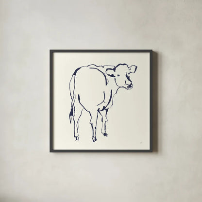 Line Cow Navy by Chris Paschke. Shown in a sleek black glass frame for a contemporary gallery look. Available as an archival giclee rolled canvas, fine art paper, or poster print. SKU 62294a.