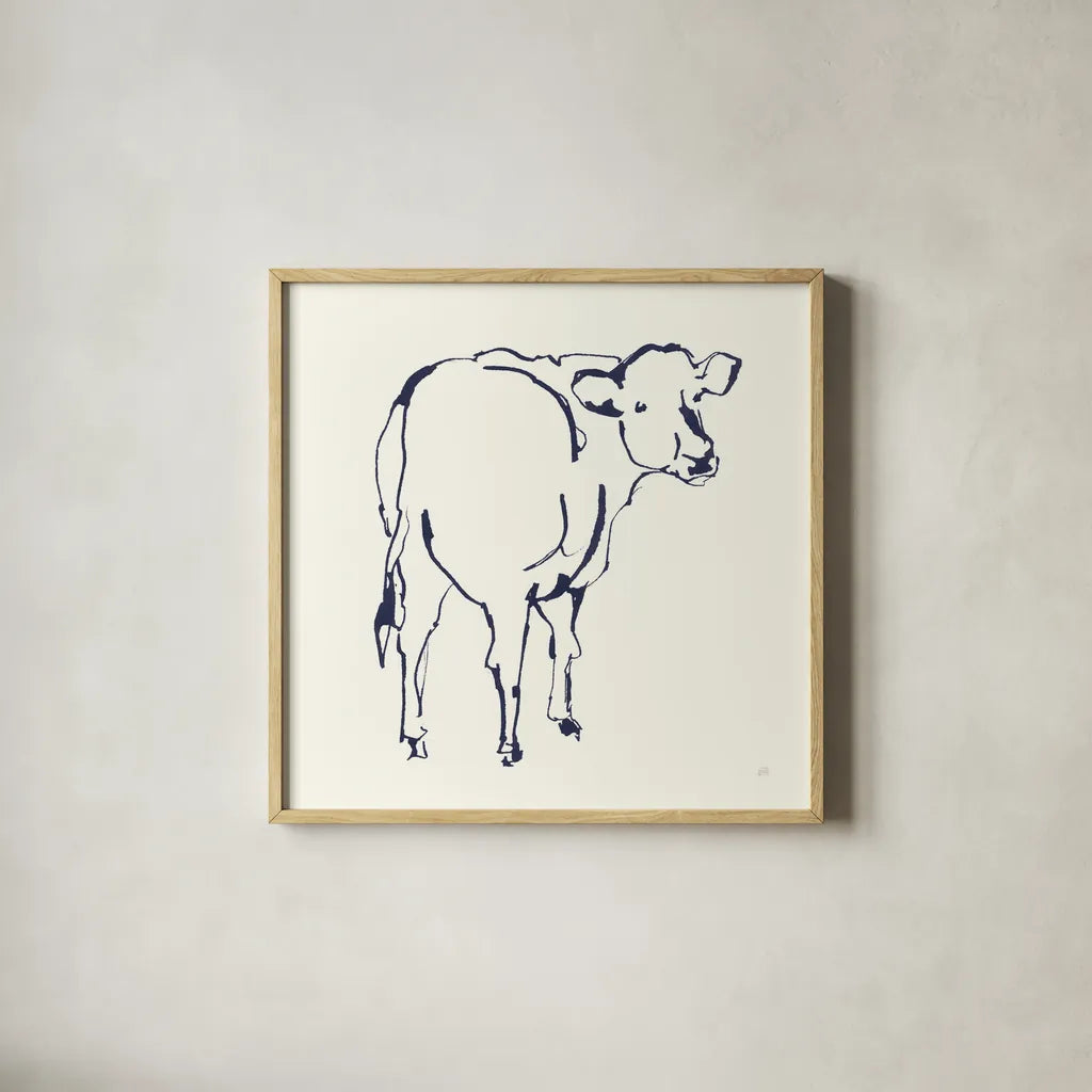 Line Cow Navy by Chris Paschke. Shown in a natural wood glass frame for a timeless modern aesthetic. Available as an archival giclee rolled canvas, fine art paper, or poster print. SKU 62294a.