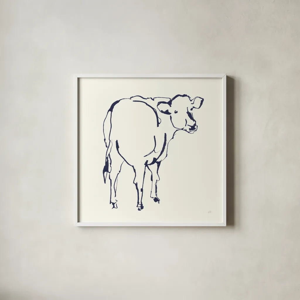 Line Cow Navy by Chris Paschke. Shown in a crisp white glass frame for a clean and minimalist style. Available as an archival giclee rolled canvas, fine art paper, or poster print. SKU 62294a.