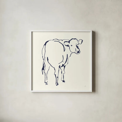 Line Cow Navy by Chris Paschke. Shown in a crisp white glass frame for a clean and minimalist style. Available as an archival giclee rolled canvas, fine art paper, or poster print. SKU 62294a.