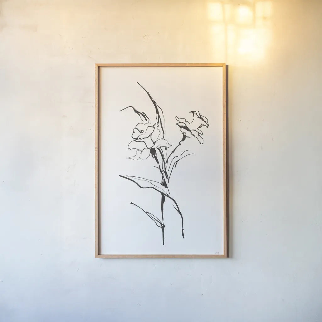 Line Daffodil by Chris Paschke. shown as a paper print in a natural frame. Available as a archival giclee rolled canvas, fine art paper, or poster print. SKU 64195h.