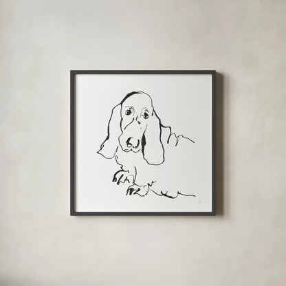 Line Dog Basset Hound by Chris Paschke. Shown in a sleek black glass frame for a contemporary gallery look. Available as an archival giclee rolled canvas, fine art paper, or poster print. SKU 63545a.