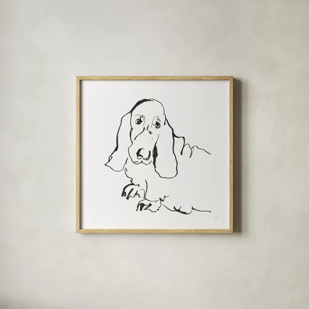 Line Dog Basset Hound by Chris Paschke. Shown in a natural wood glass frame for a timeless modern aesthetic. Available as an archival giclee rolled canvas, fine art paper, or poster print. SKU 63545a.