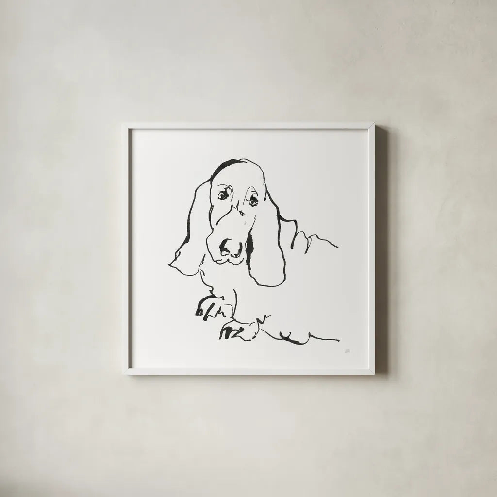 Line Dog Basset Hound by Chris Paschke. Shown in a crisp white glass frame for a clean and minimalist style. Available as an archival giclee rolled canvas, fine art paper, or poster print. SKU 63545a.