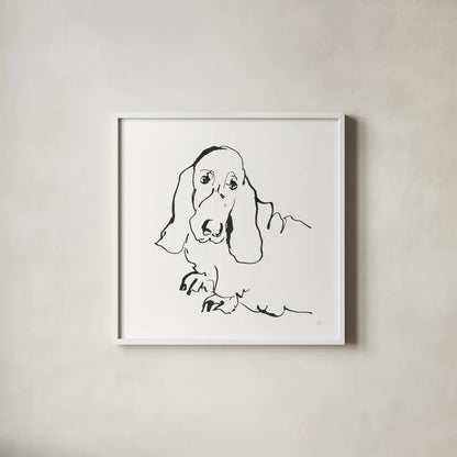 Line Dog Basset Hound by Chris Paschke. Shown in a crisp white glass frame for a clean and minimalist style. Available as an archival giclee rolled canvas, fine art paper, or poster print. SKU 63545a.