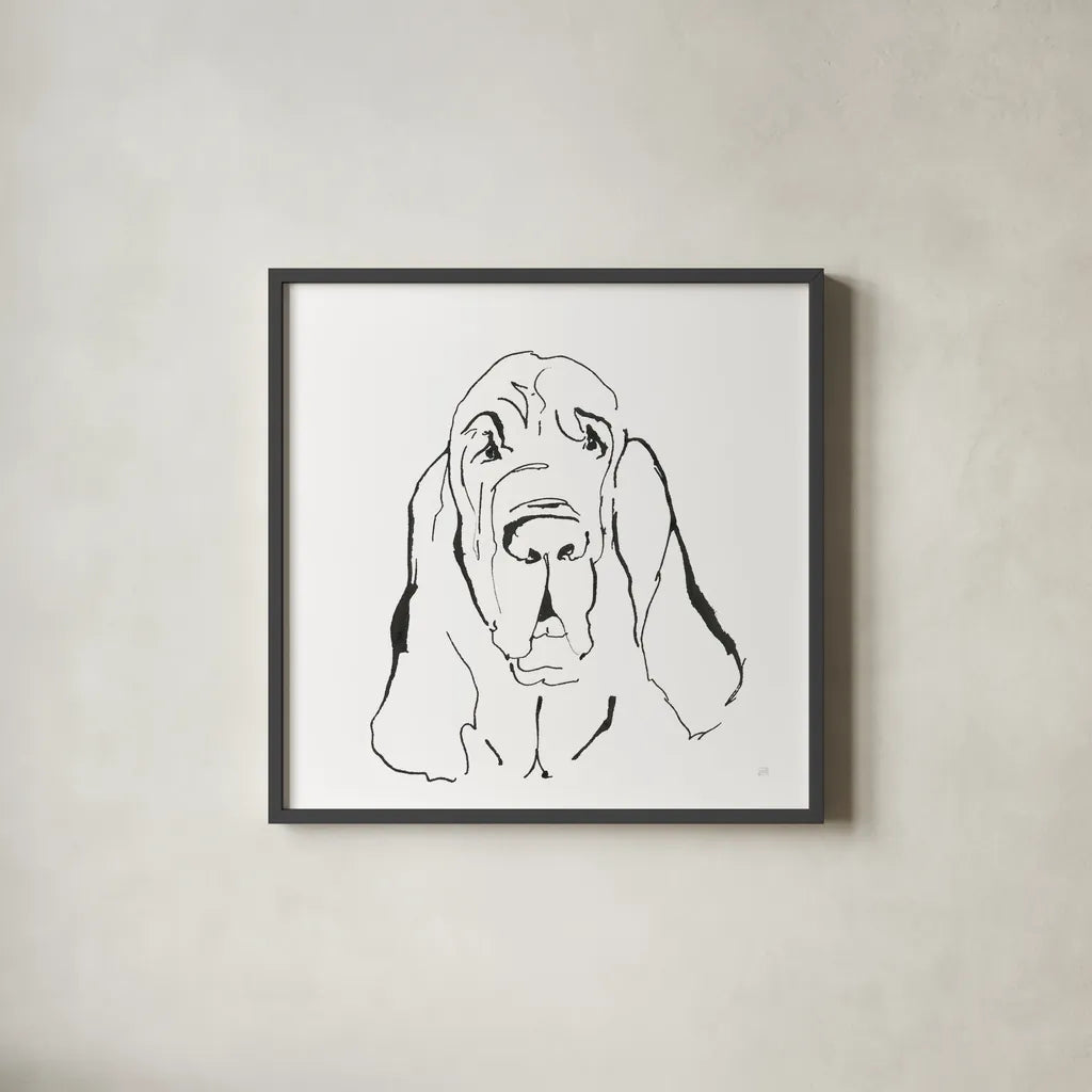 Line Dog Bloodhound I by Chris Paschke. Shown in a sleek black glass frame for a contemporary gallery look. Available as an archival giclee rolled canvas, fine art paper, or poster print. SKU 63546a.