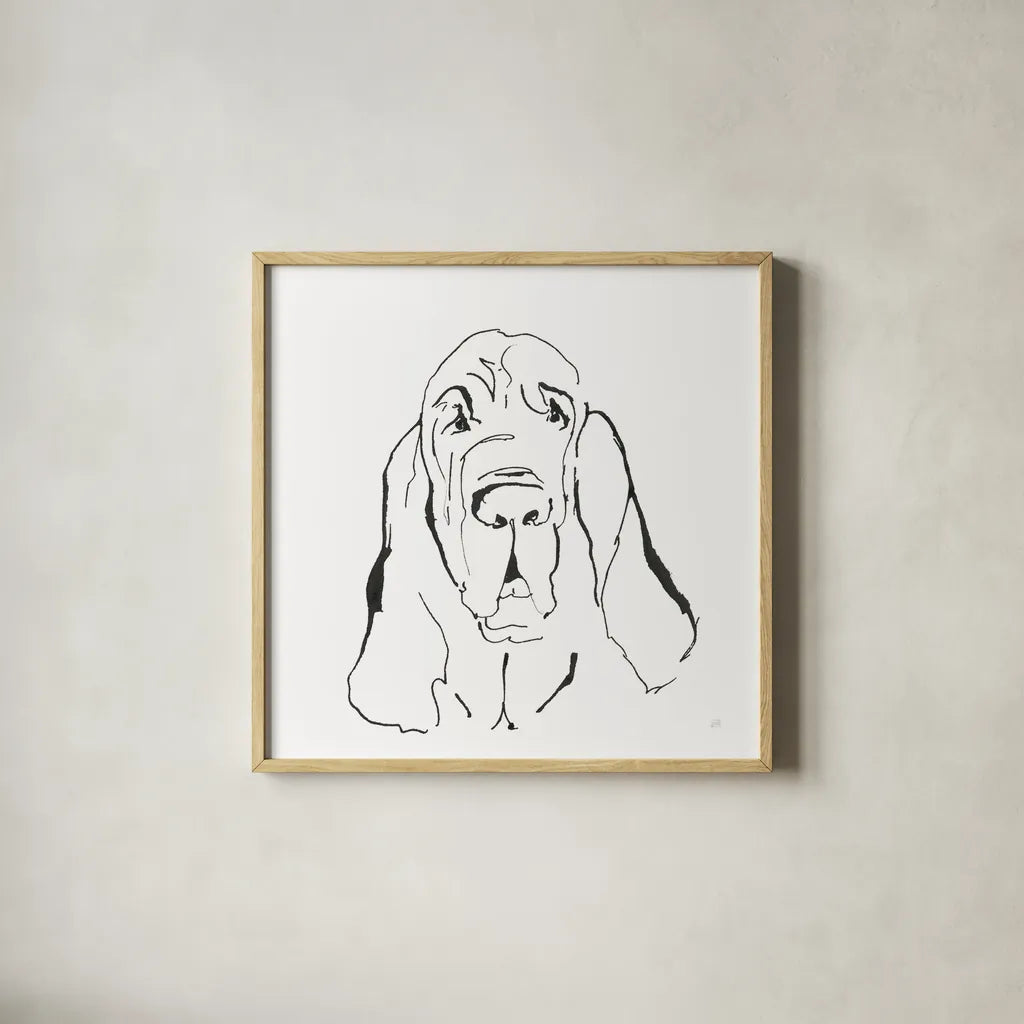 Line Dog Bloodhound I by Chris Paschke. Shown in a natural wood glass frame for a timeless modern aesthetic. Available as an archival giclee rolled canvas, fine art paper, or poster print. SKU 63546a.
