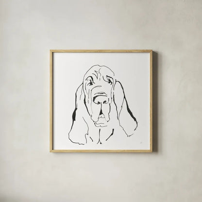 Line Dog Bloodhound I by Chris Paschke. Shown in a natural wood glass frame for a timeless modern aesthetic. Available as an archival giclee rolled canvas, fine art paper, or poster print. SKU 63546a.