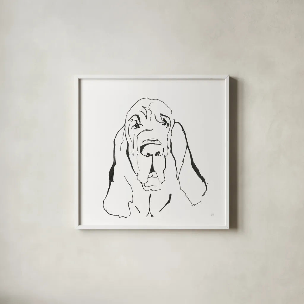 Line Dog Bloodhound I by Chris Paschke. Shown in a crisp white glass frame for a clean and minimalist style. Available as an archival giclee rolled canvas, fine art paper, or poster print. SKU 63546a.