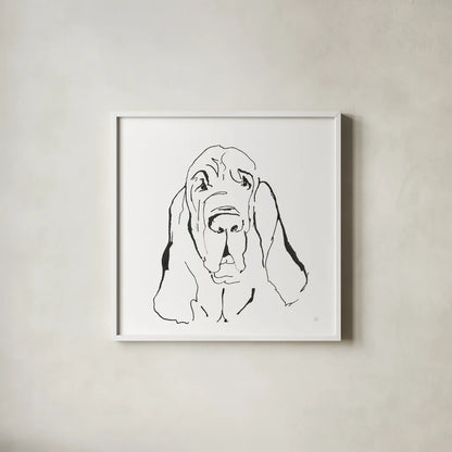 Line Dog Bloodhound I by Chris Paschke. Shown in a crisp white glass frame for a clean and minimalist style. Available as an archival giclee rolled canvas, fine art paper, or poster print. SKU 63546a.