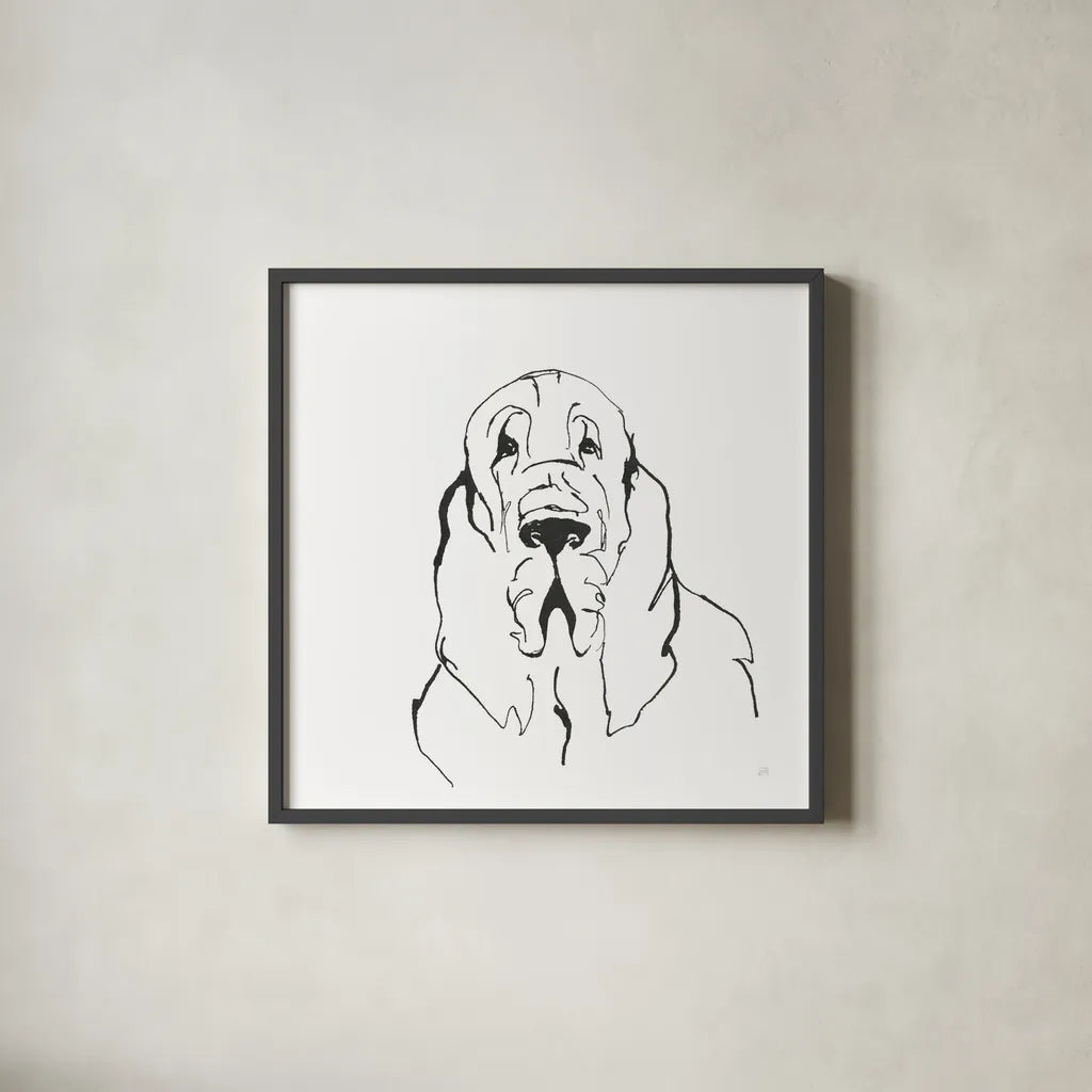 Line Dog Bloodhound II by Chris Paschke. Shown in a sleek black glass frame for a contemporary gallery look. Available as an archival giclee rolled canvas, fine art paper, or poster print. SKU 63547a.