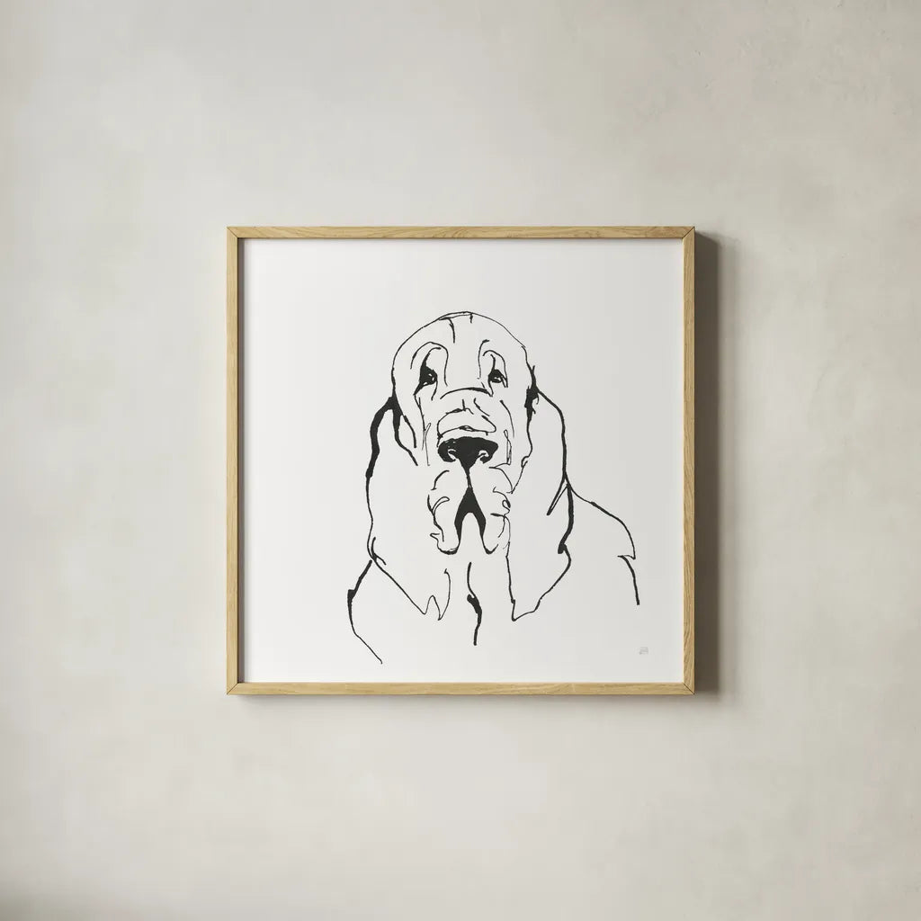 Line Dog Bloodhound II by Chris Paschke. Shown in a natural wood glass frame for a timeless modern aesthetic. Available as an archival giclee rolled canvas, fine art paper, or poster print. SKU 63547a.