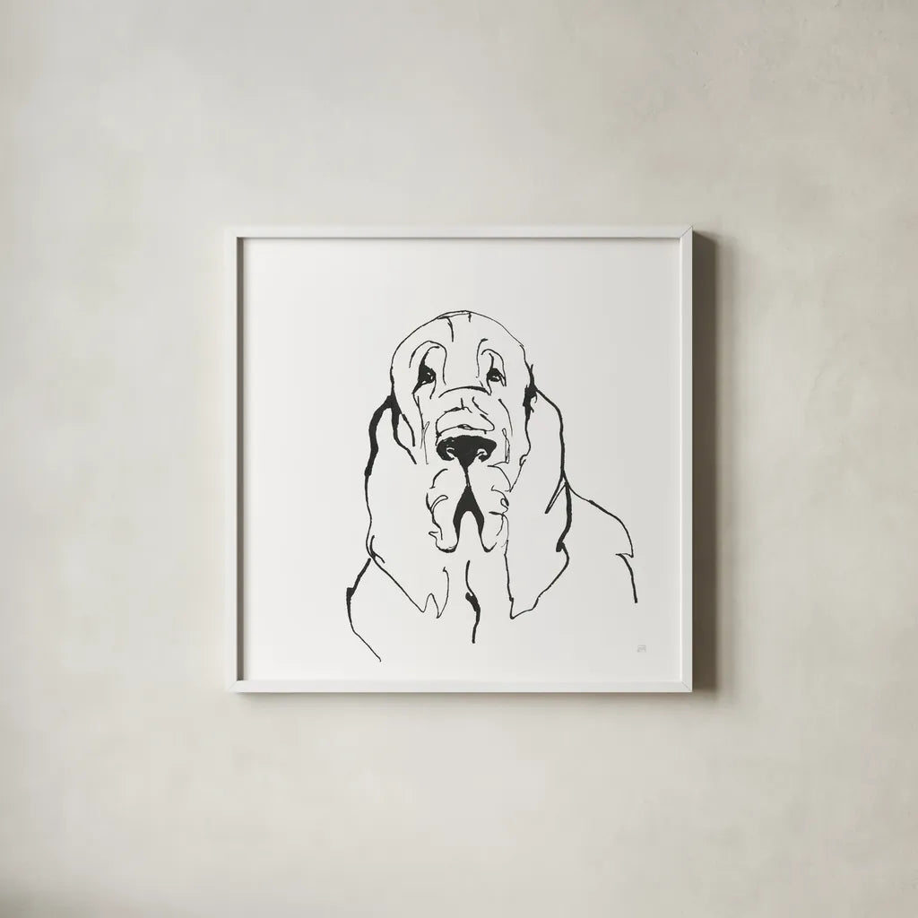 Line Dog Bloodhound II by Chris Paschke. Shown in a crisp white glass frame for a clean and minimalist style. Available as an archival giclee rolled canvas, fine art paper, or poster print. SKU 63547a.