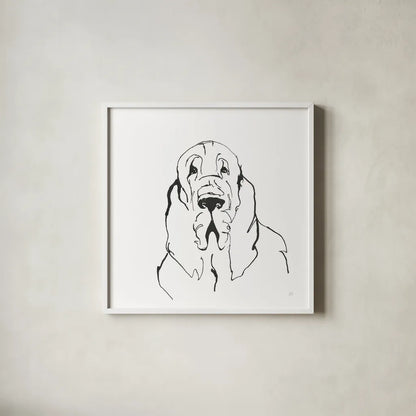 Line Dog Bloodhound II by Chris Paschke. Shown in a crisp white glass frame for a clean and minimalist style. Available as an archival giclee rolled canvas, fine art paper, or poster print. SKU 63547a.