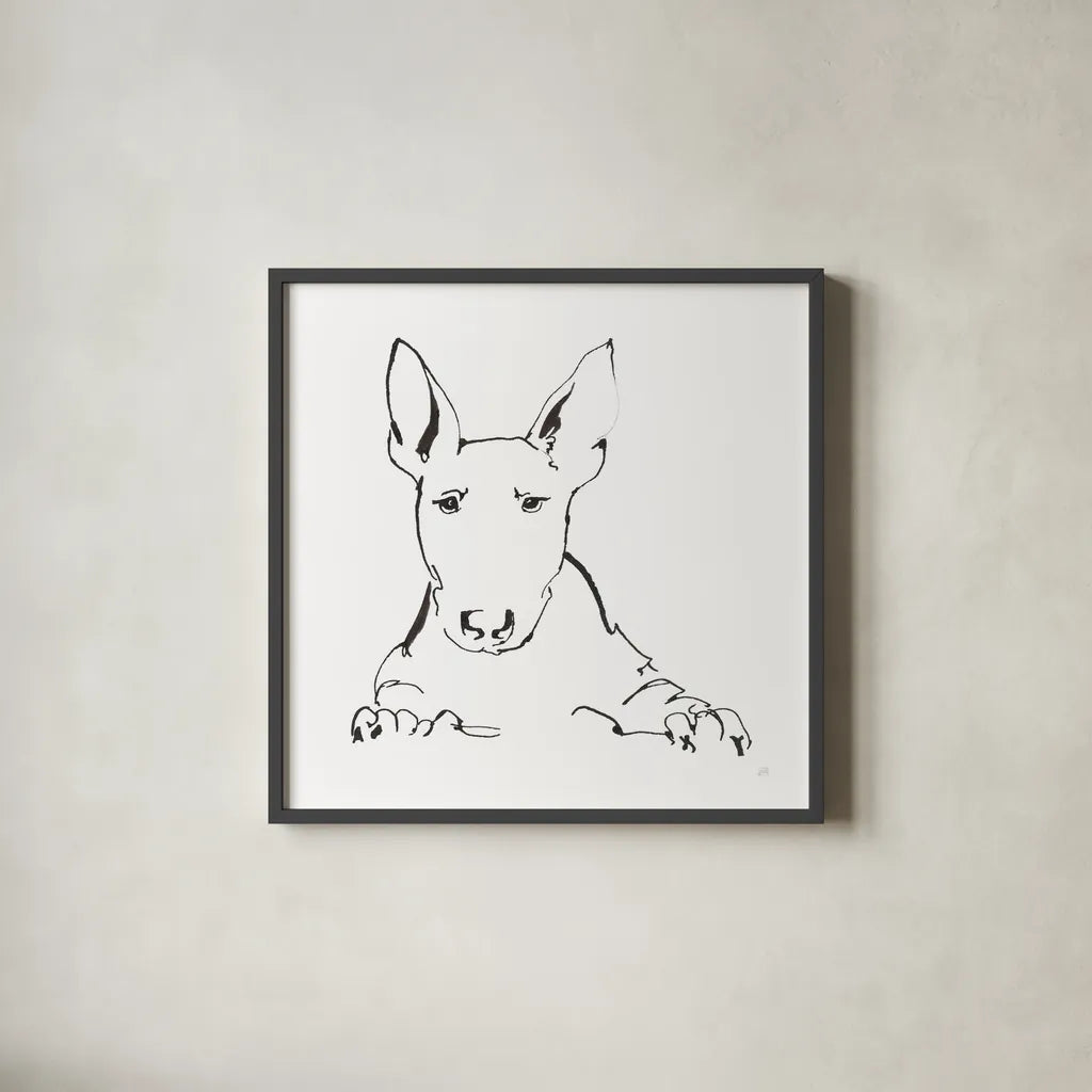 Line Dog Bull Terrier by Chris Paschke. Shown in a sleek black glass frame for a contemporary gallery look. Available as an archival giclee rolled canvas, fine art paper, or poster print. SKU 63548a.