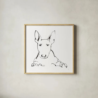 Line Dog Bull Terrier by Chris Paschke. Shown in a natural wood glass frame for a timeless modern aesthetic. Available as an archival giclee rolled canvas, fine art paper, or poster print. SKU 63548a.
