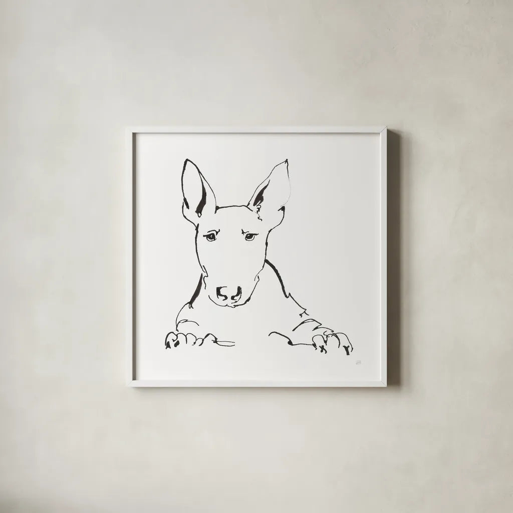 Line Dog Bull Terrier by Chris Paschke. Shown in a crisp white glass frame for a clean and minimalist style. Available as an archival giclee rolled canvas, fine art paper, or poster print. SKU 63548a.