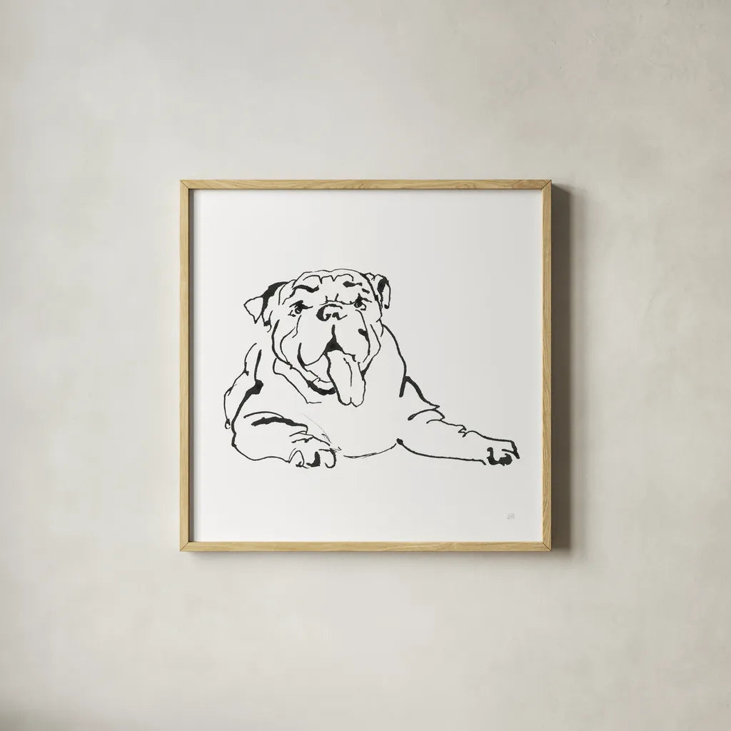 Line Dog Bulldog I by Chris Paschke. Shown in a natural wood glass frame for a timeless modern aesthetic. Available as an archival giclee rolled canvas, fine art paper, or poster print. SKU 63549a.