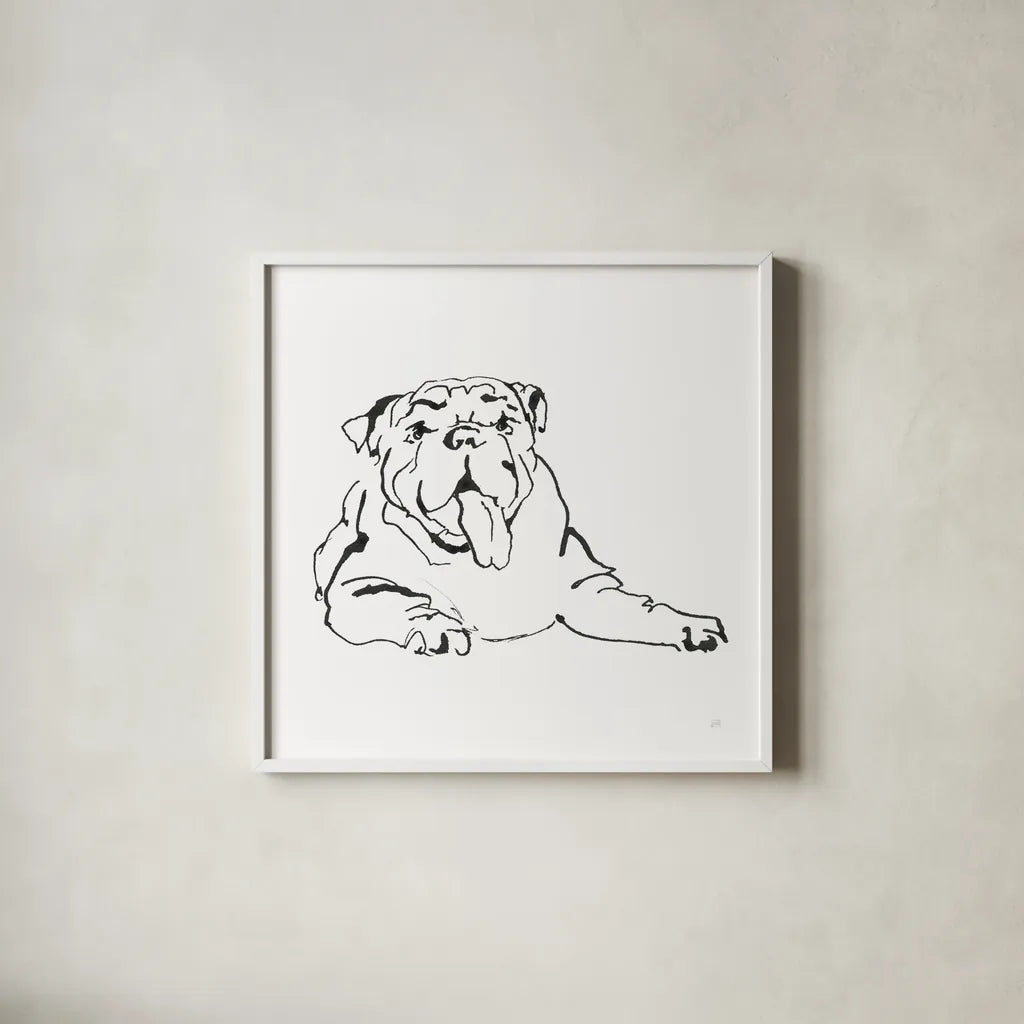 Line Dog Bulldog I by Chris Paschke. Shown in a crisp white glass frame for a clean and minimalist style. Available as an archival giclee rolled canvas, fine art paper, or poster print. SKU 63549a.