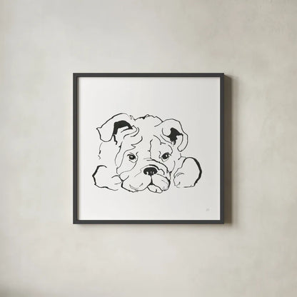 Line Dog Bulldog II by Chris Paschke. Shown in a sleek black glass frame for a contemporary gallery look. Available as an archival giclee rolled canvas, fine art paper, or poster print. SKU 63550a.