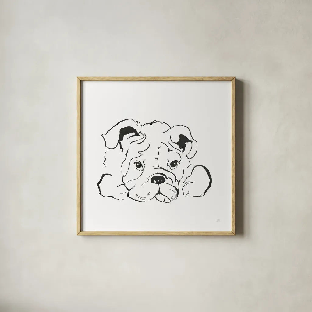 Line Dog Bulldog II by Chris Paschke. Shown in a natural wood glass frame for a timeless modern aesthetic. Available as an archival giclee rolled canvas, fine art paper, or poster print. SKU 63550a.