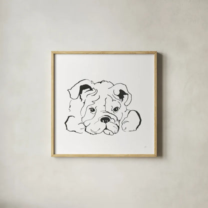 Line Dog Bulldog II by Chris Paschke. Shown in a natural wood glass frame for a timeless modern aesthetic. Available as an archival giclee rolled canvas, fine art paper, or poster print. SKU 63550a.