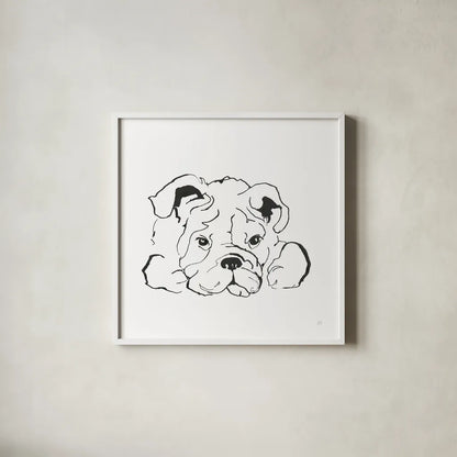Line Dog Bulldog II by Chris Paschke. Shown in a crisp white glass frame for a clean and minimalist style. Available as an archival giclee rolled canvas, fine art paper, or poster print. SKU 63550a.