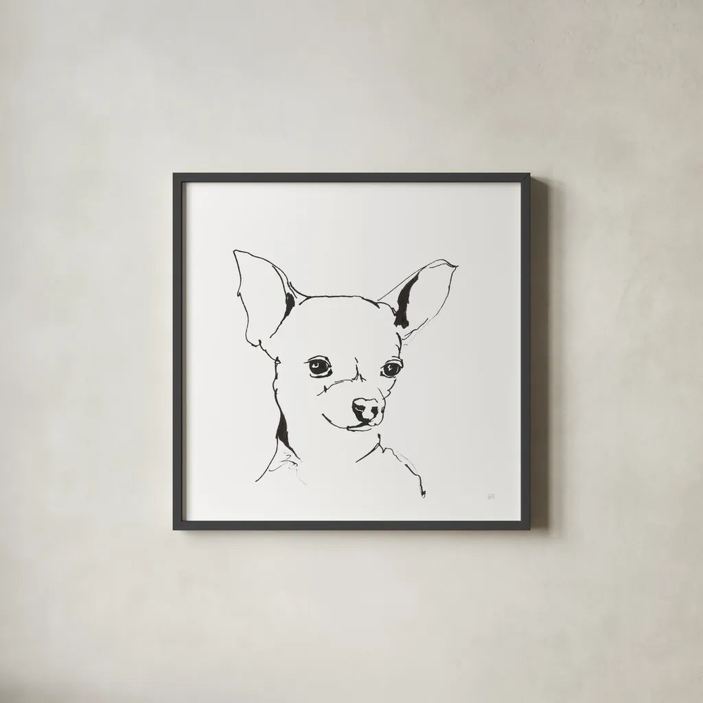 Line Dog Chihuahua by Chris Paschke. Shown in a sleek black glass frame for a contemporary gallery look. Available as an archival giclee rolled canvas, fine art paper, or poster print. SKU 63551a.