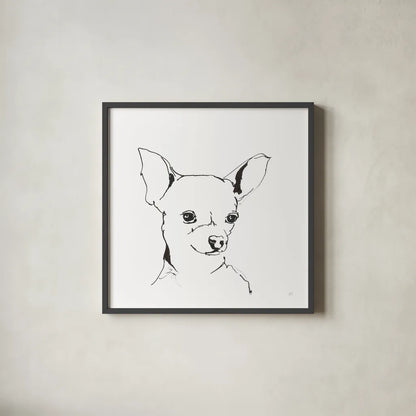 Line Dog Chihuahua by Chris Paschke. Shown in a sleek black glass frame for a contemporary gallery look. Available as an archival giclee rolled canvas, fine art paper, or poster print. SKU 63551a.