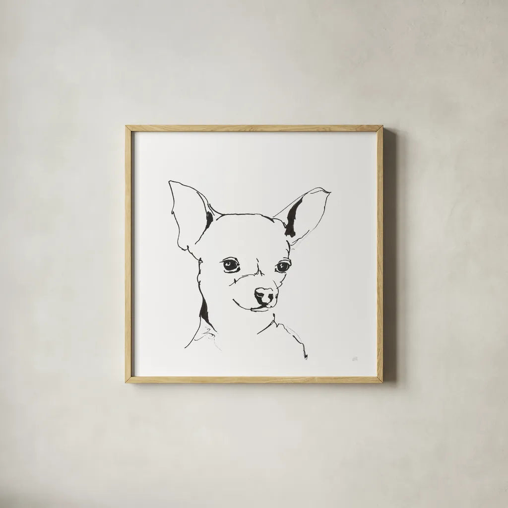 Line Dog Chihuahua by Chris Paschke. Shown in a natural wood glass frame for a timeless modern aesthetic. Available as an archival giclee rolled canvas, fine art paper, or poster print. SKU 63551a.
