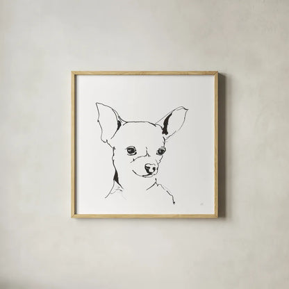 Line Dog Chihuahua by Chris Paschke. Shown in a natural wood glass frame for a timeless modern aesthetic. Available as an archival giclee rolled canvas, fine art paper, or poster print. SKU 63551a.