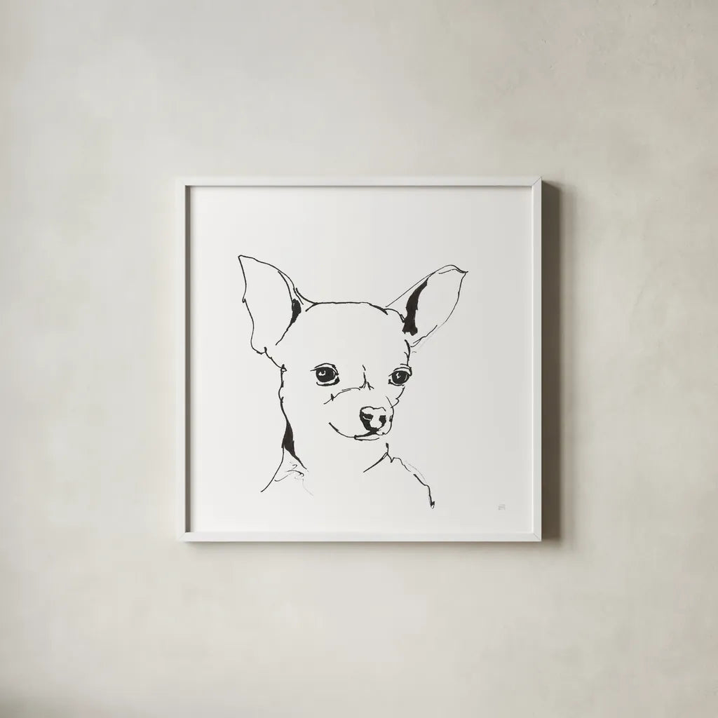 Line Dog Chihuahua by Chris Paschke. Shown in a crisp white glass frame for a clean and minimalist style. Available as an archival giclee rolled canvas, fine art paper, or poster print. SKU 63551a.